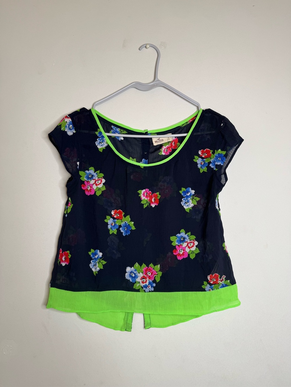 Hollister Navy Floral Top with Neon Green Trim